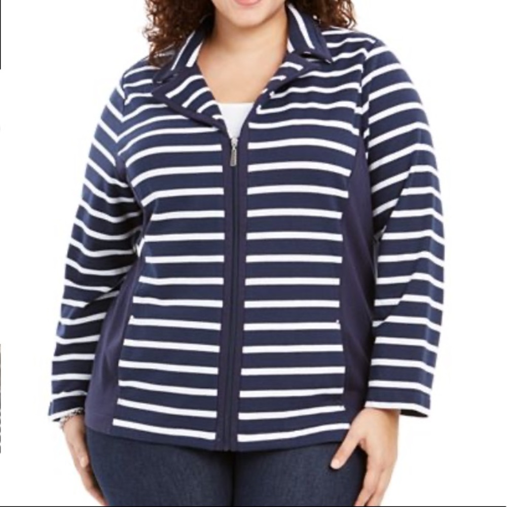 KAREN SCOTT PLUS SIZE NAVY STRIPED ZIP FRONT JACKET